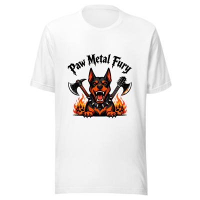 Paw Metal Fury Unisex T-Shirt - Black & Orange Dog with Axes, Flames, and Spiked Collar