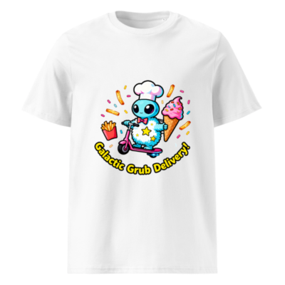 Unisex Organic Cotton T-Shirt | Galactic Grub Delivery! Alien Chef Scooter Design