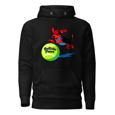 Ballistic Paws Unisex Premium Pullover Hoodie - Black Dog & Tennis Ball Design