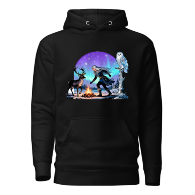 Unisex Premium Pullover Hoodie - Winter Witch & Reindeer with Owl & Aurora