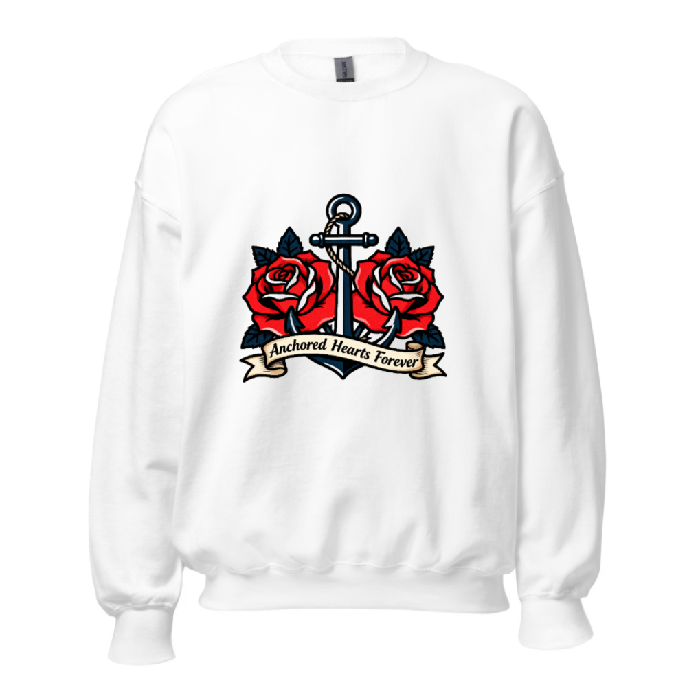 Unisex Crew Neck Sweatshirt - Anchored Hearts Forever Anchor & Rose Tattoo Design