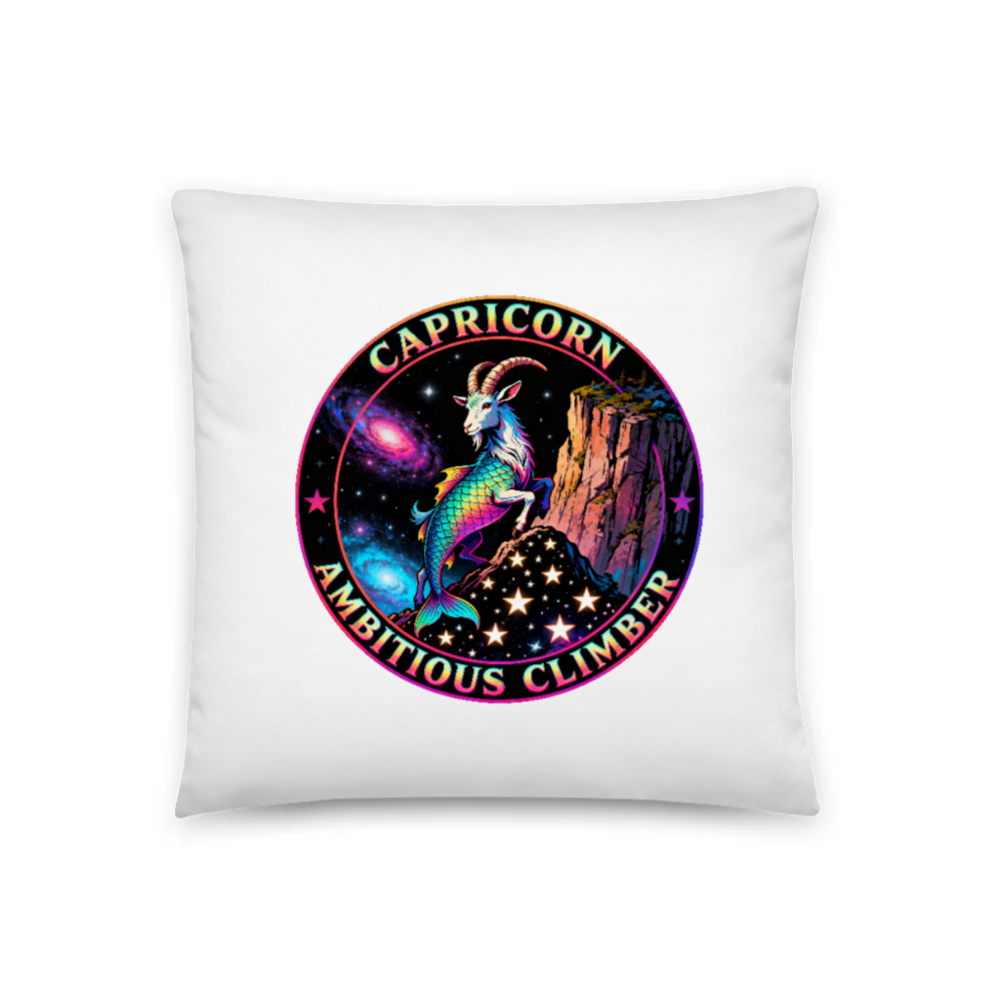 Capricorn Ambitious Climber Pillow 18"x18" - Mythical Goat-Fish Design, Cosmic Background