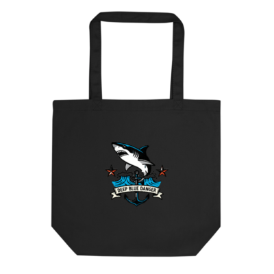 Eco Black Tote Bag | Deep Blue Danger Shark Anchor Design