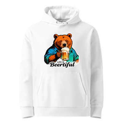 Unisex Eco Hoodie - Bear with Beer, 'Life is Beertiful' Graphic Sweatshirt