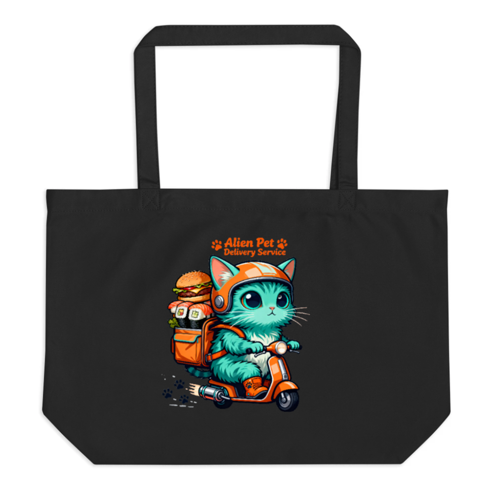 Organic Tote Bag | Large Black Eco-Friendly Grocery Tote with Alien Pet Delivery Cat Design