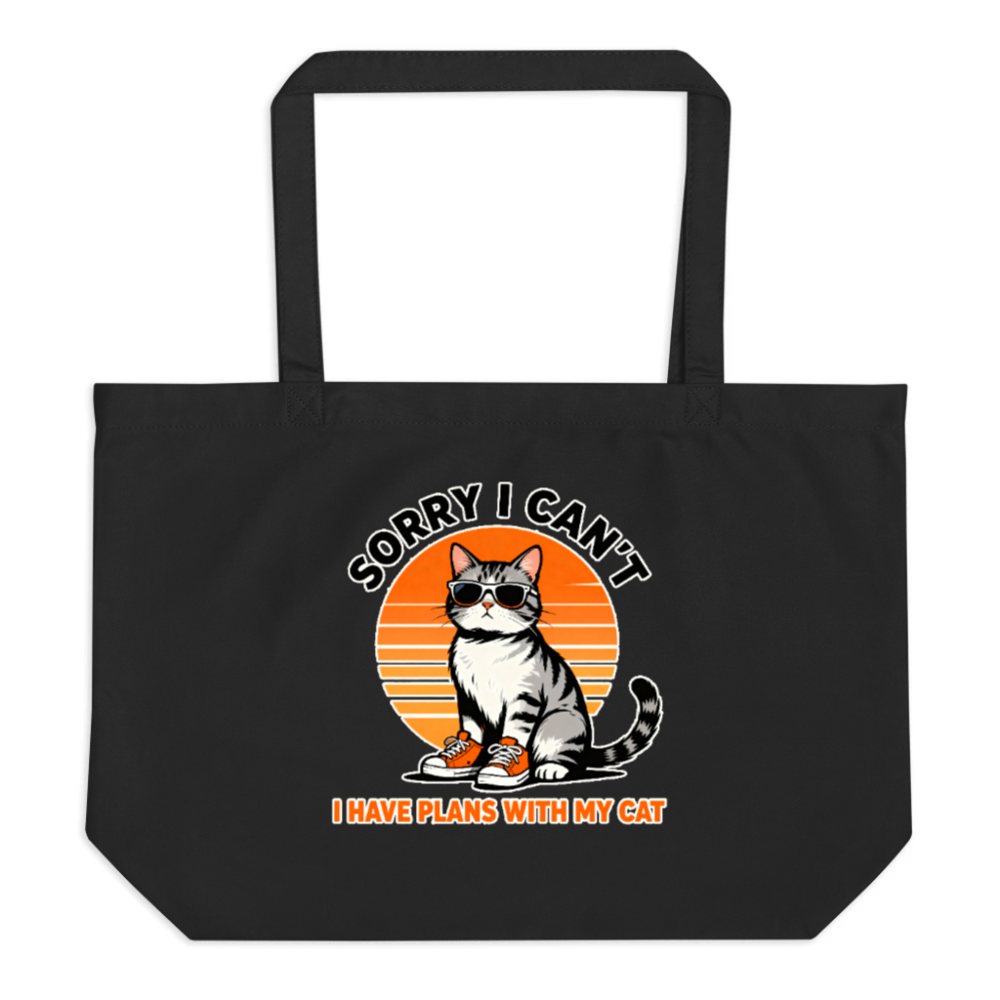 Large Black Organic Tote Bag | Vintage Cat with Sunglasses & Sneakers