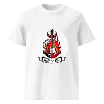 Unisex Organic Cotton T-Shirt - Riff or Die Guitar Flame Devil Design