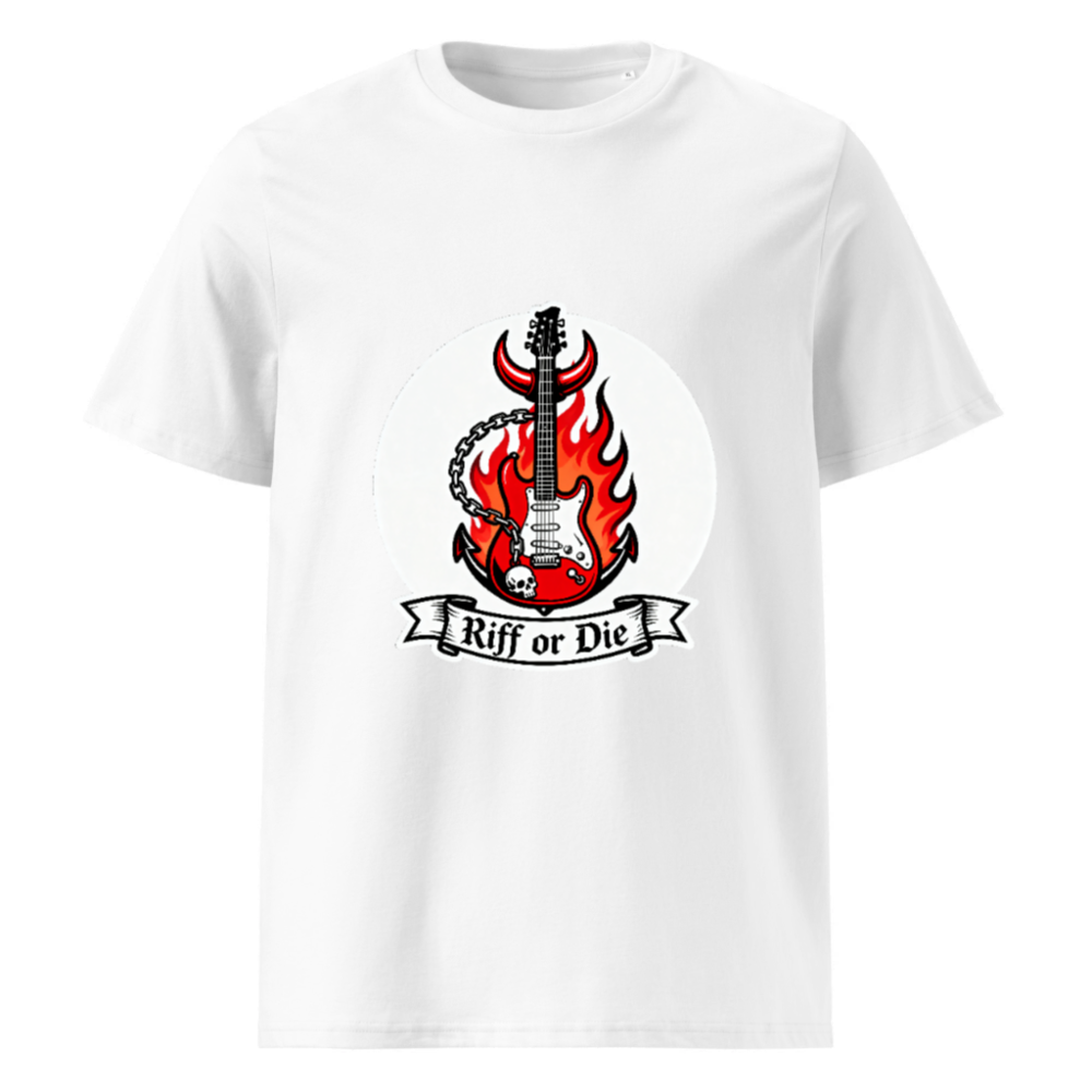 Unisex Organic Cotton T-Shirt - Riff or Die Guitar Flame Devil Design