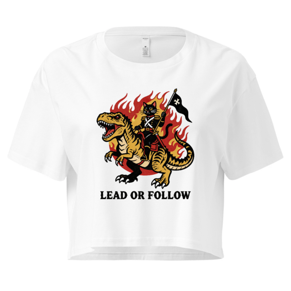 Women's Crop Top - Cat Riding T-Rex, Lead or Follow Design