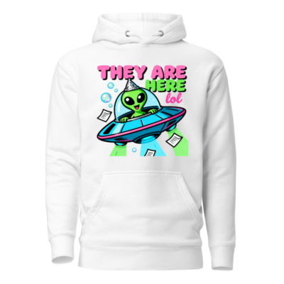 Unisex Premium Pullover Hoodie - 'They Are Here lol' Alien UFO Design