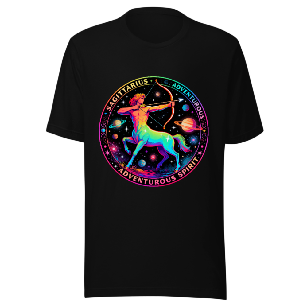 Unisex Sagittarius Astrology T-Shirt - Rainbow Archer, Adventurous Spirit