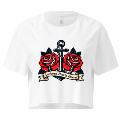 Women's Crop Top with Anchor & Roses Tattoo Design - Anchored Hearts Forever