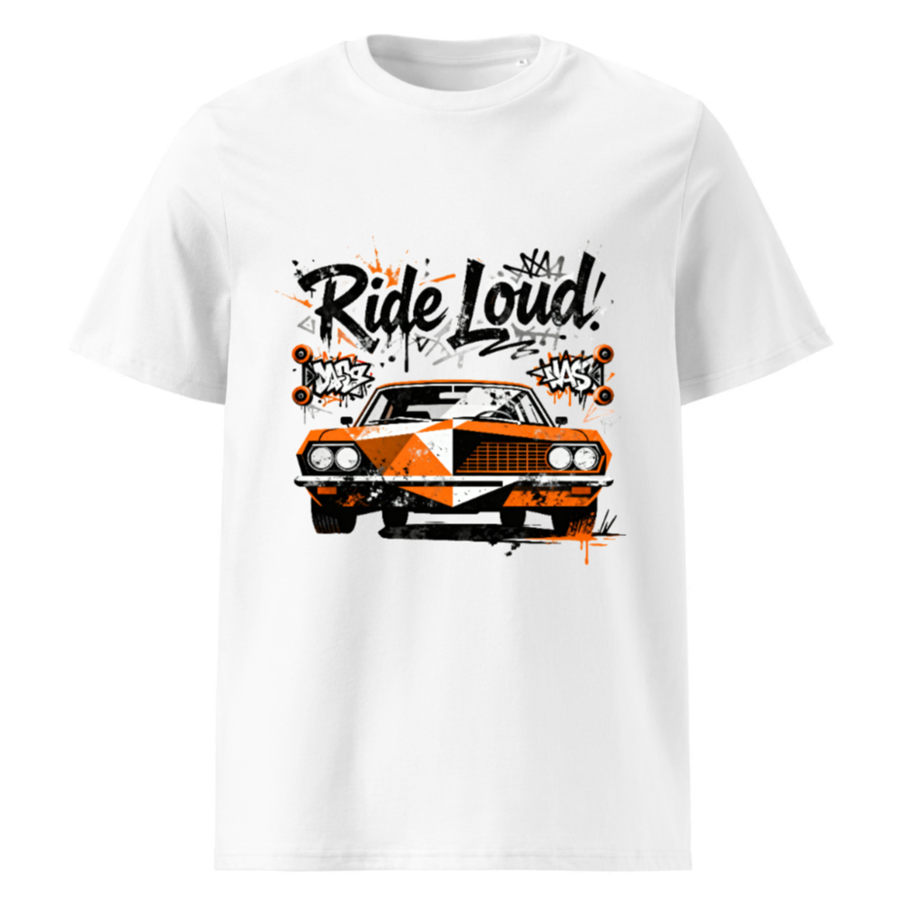 Unisex Organic Cotton T-Shirt - Ride Loud! Orange & Black Car Graphic Tee