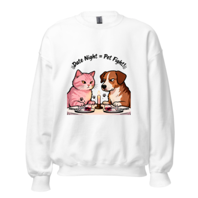 Unisex Crew Neck Sweatshirt - 'Date Night = Pet Fight!' Cat & Dog Graphic