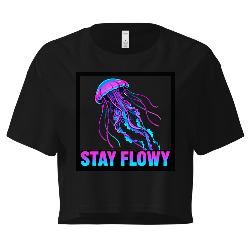 Women's Crop Top - Stay Flowy Jellyfish Graphic Tee, Neon Pink & Blue