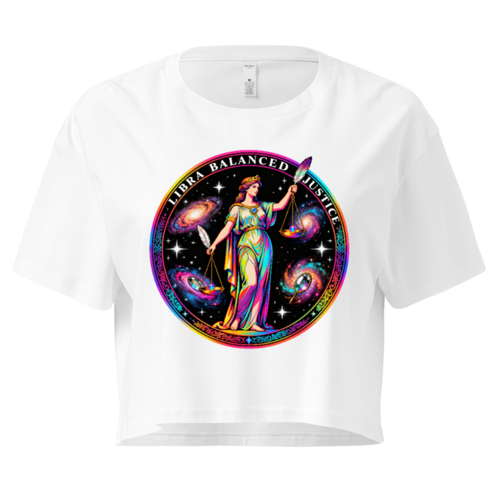 Women's Crop Top - Libra Balanced Justice Astrology Design, Rainbow Galaxy Goddess