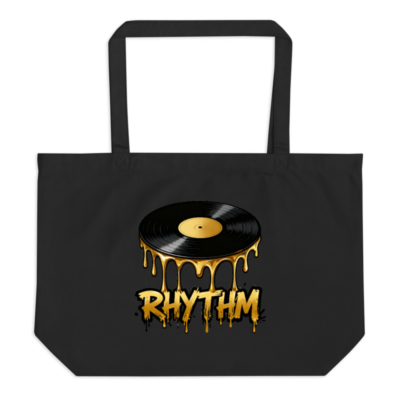 Black Organic Tote Bag with Golden Vinyl Record Rhythm Design - Eco-Friendly & Stylish