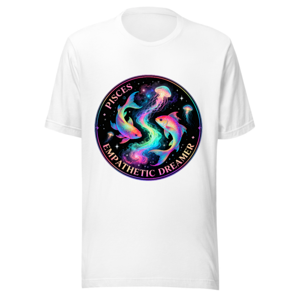 Pisces Empathetic Dreamer Unisex T-Shirt | Rainbow Fish & Jellyfish Cosmic Design