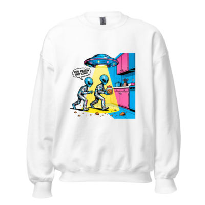Unisex Crew Neck Sweatshirt - Alien Cookie Heist Graphic, Retro Sci-Fi Design