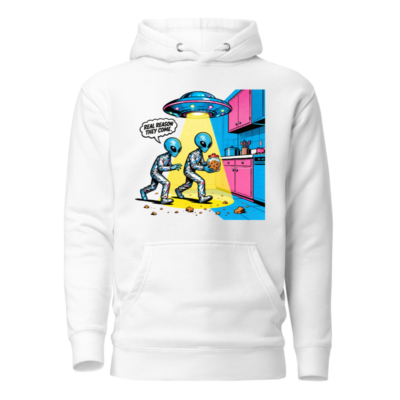 Unisex Premium Pullover Hoodie - Alien Cookie Heist Design, Funny Sci-Fi Graphic Sweatshirt