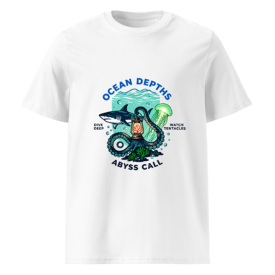 Ocean Depths T-Shirt | Unisex Organic Cotton Tee with Shark, Octopus & Jellyfish Design
