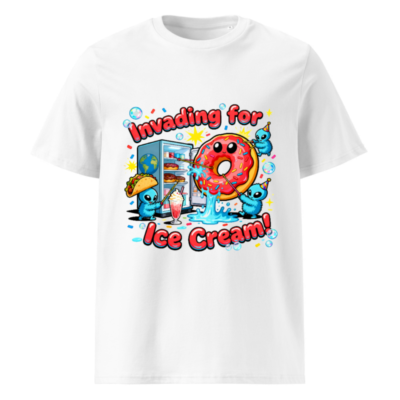 Unisex Organic Cotton T-Shirt: Invading for Ice Cream! Donut & Alien Fun Design