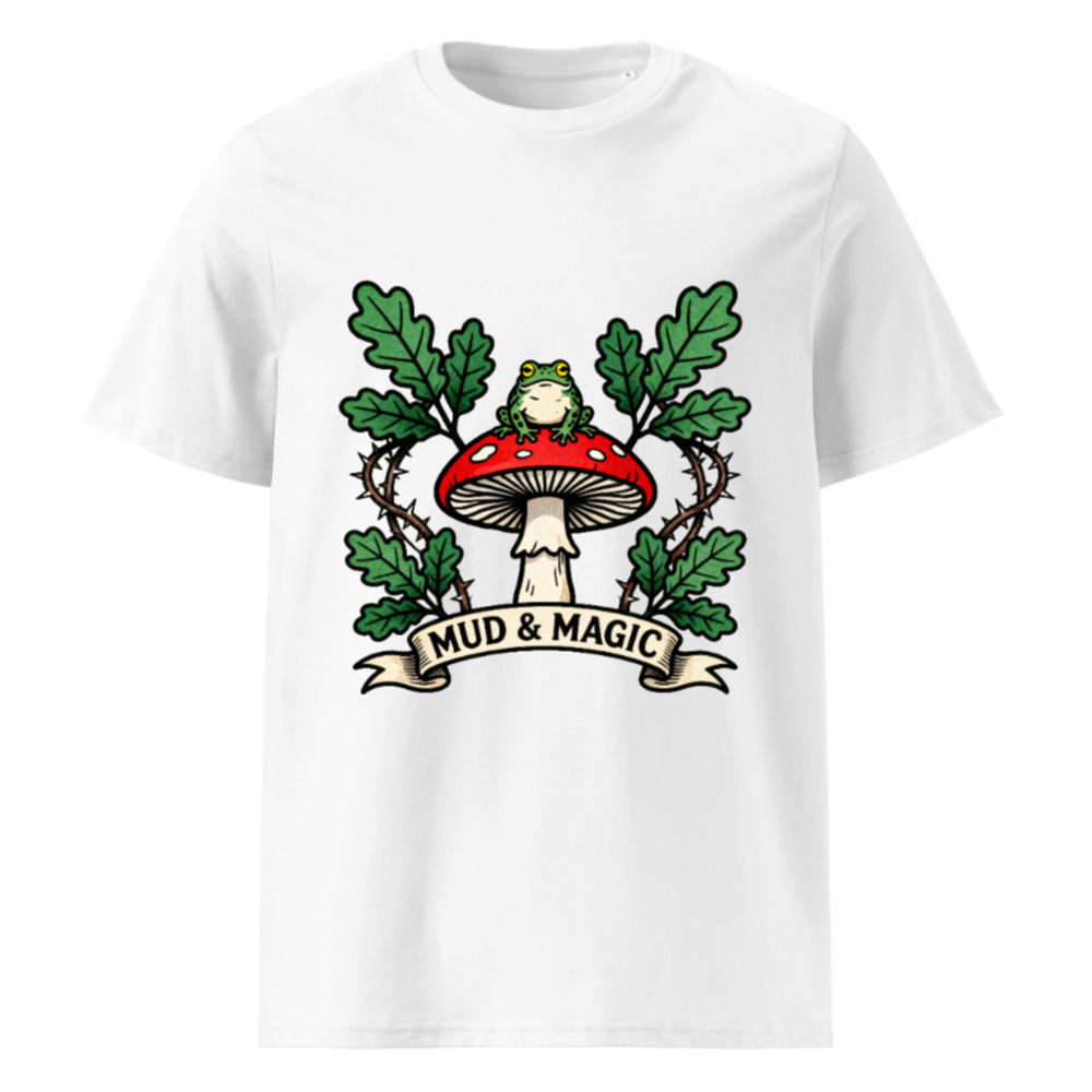 Unisex Organic Cotton T-Shirt | Mud & Magic Frog on Red Mushroom Design