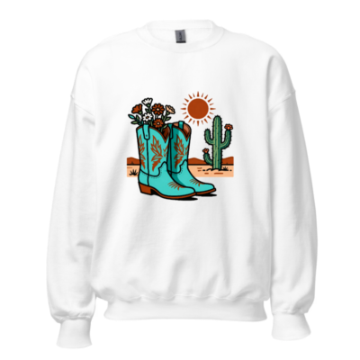 Turquoise Cowboy Boots & Cactus Sweatshirt | Unisex Crew Neck