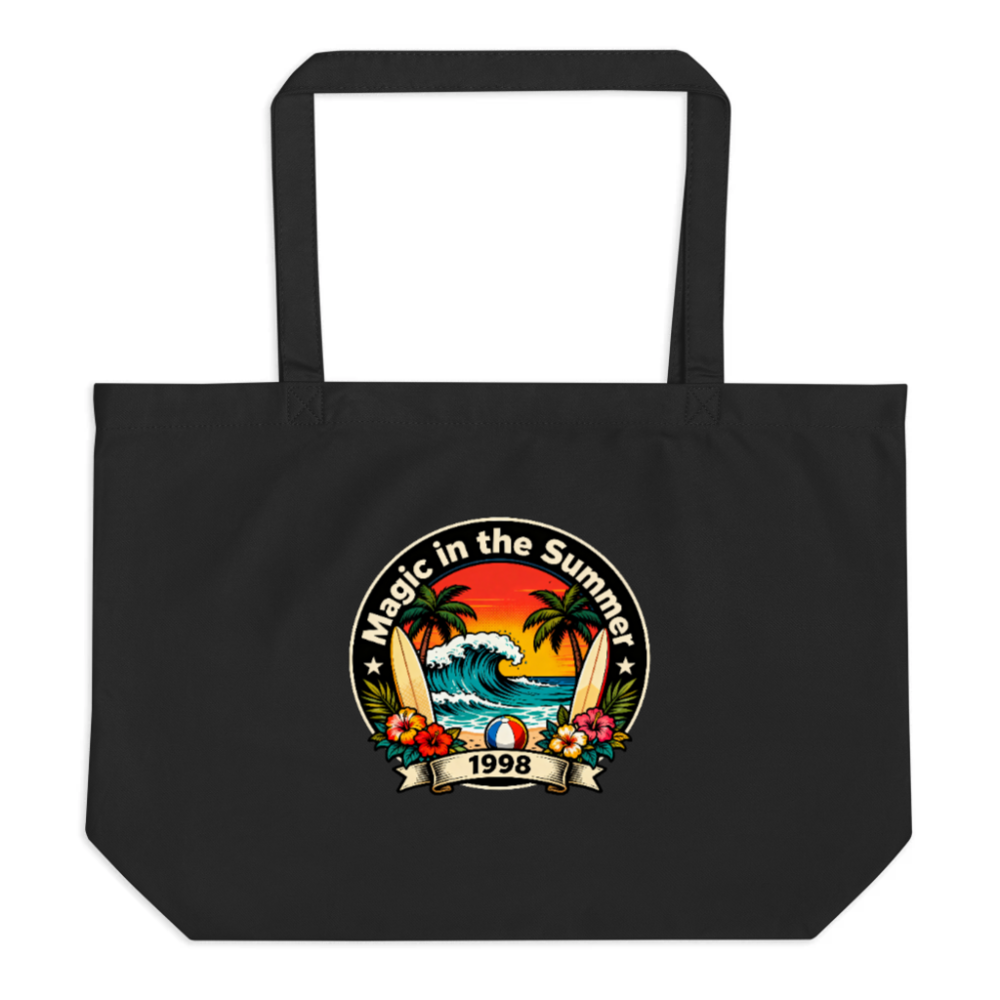 Large Black Organic Tote Bag | Magic in the Summer 1998 Surf Design