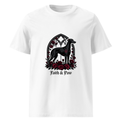 Unisex Organic Cotton T-Shirt - Faith & Paw Black Greyhound Gothic Rose Design