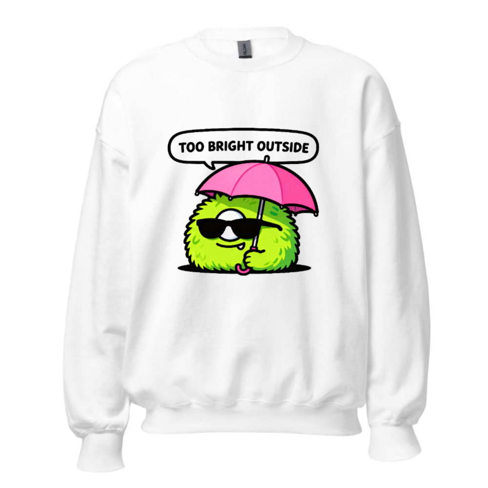 Unisex Crew Neck Sweatshirt - Green Fuzzy Monster with Pink Umbrella, 'Too Bright Outside' Design