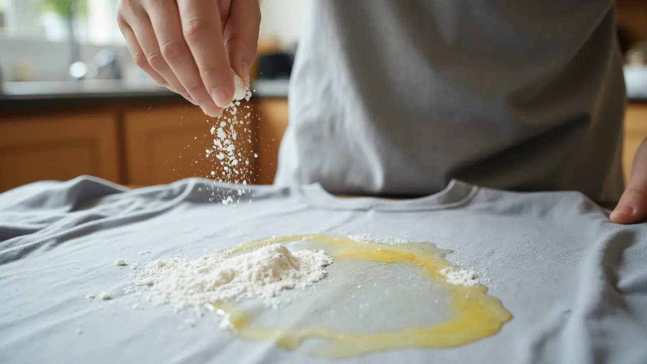 Cornstarch being sprinkled on an oil stain on a grey t-shirt