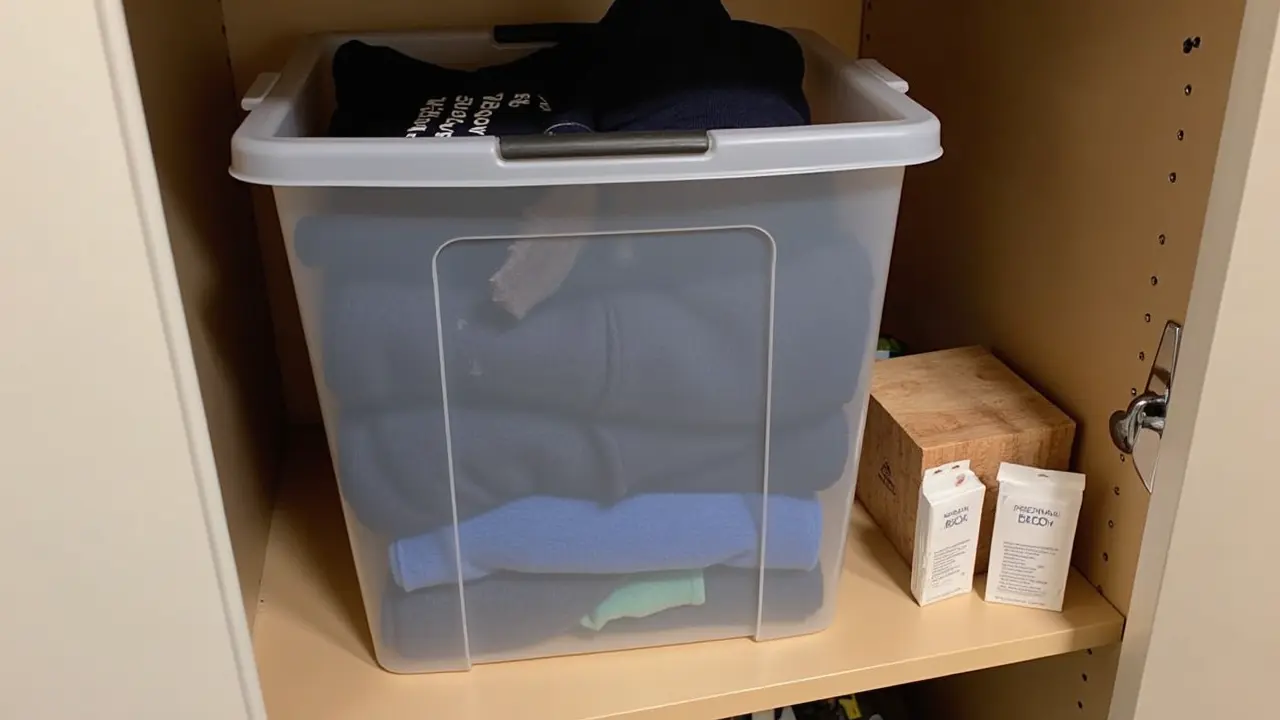 Clear plastic storage bin with hoodies inside, placed in a dry closet with cedar blocks visible