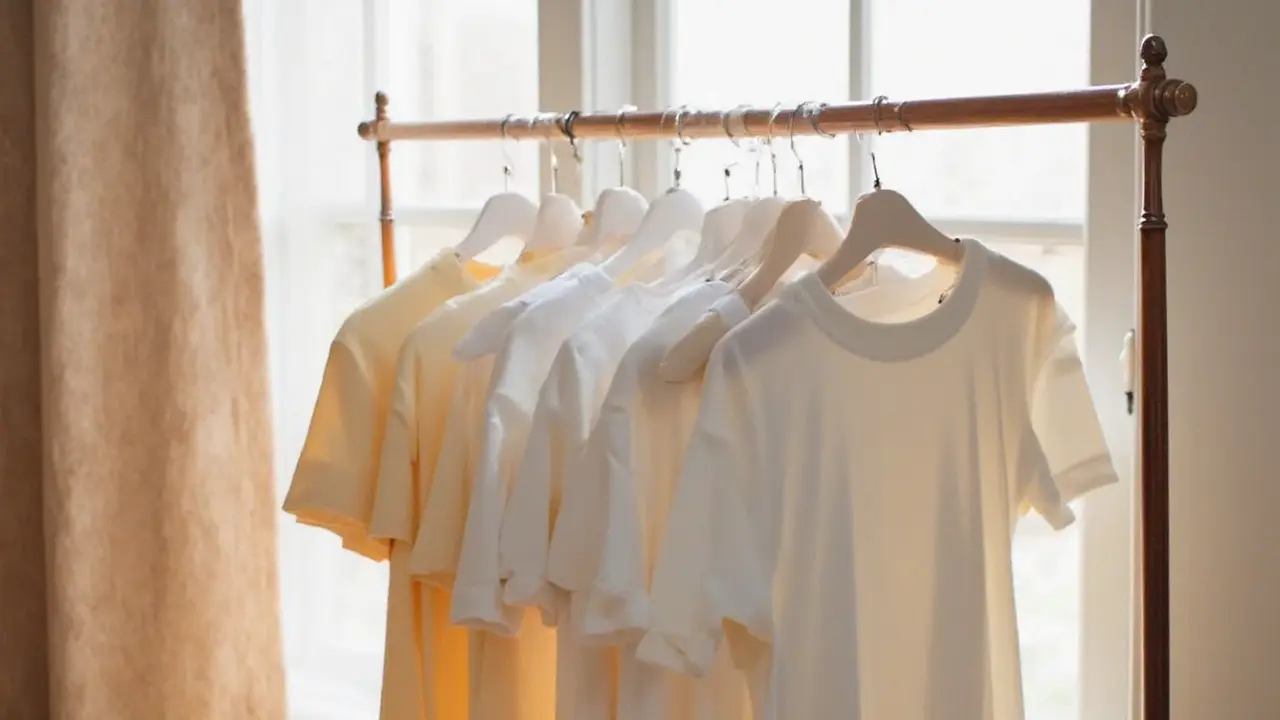 T-shirts laid flat on a drying rack indoors with natural light