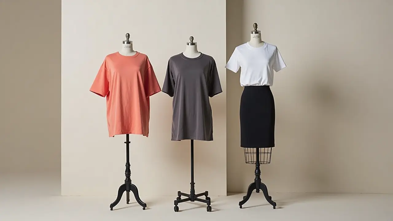 Side-by-side comparison of oversized, boxy, and fitted t-shirt silhouettes on mannequins