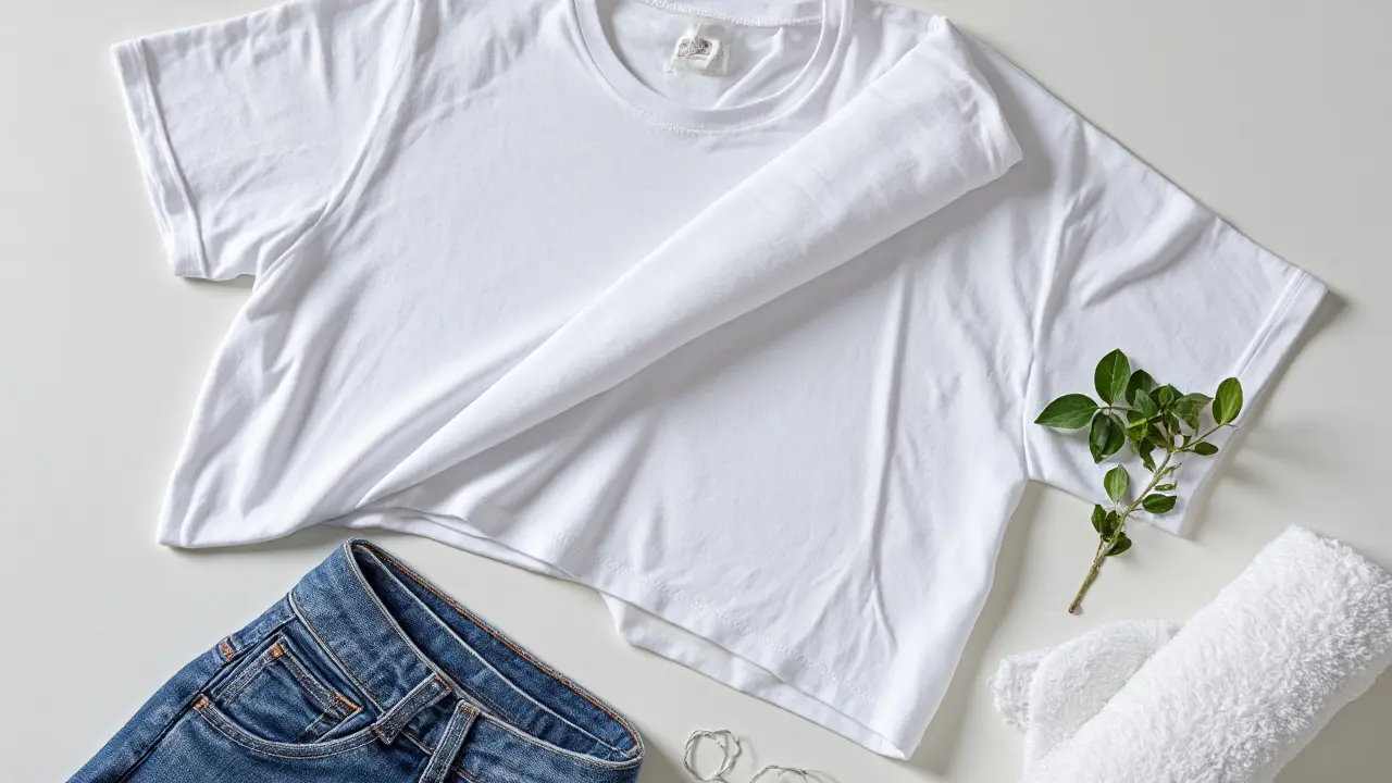 T-shirt turned inside out next to jeans and a towel in a laundry basket