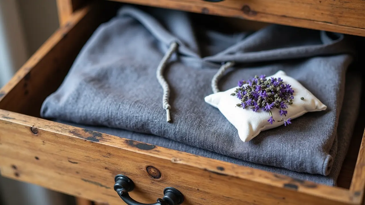 Cotton drawstring bag filled with dried lavender next to folded hoodies in a wooden drawer