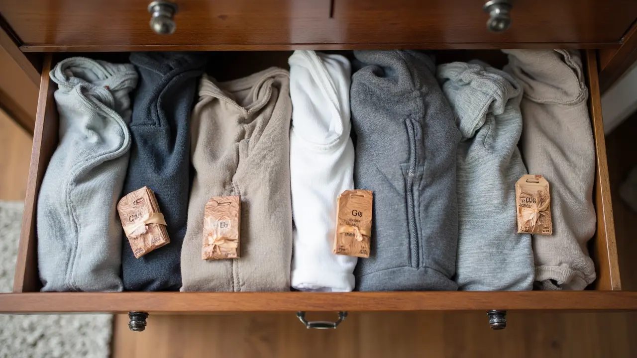 Neatly folded hoodies stored in a wooden drawer with cedar sachets