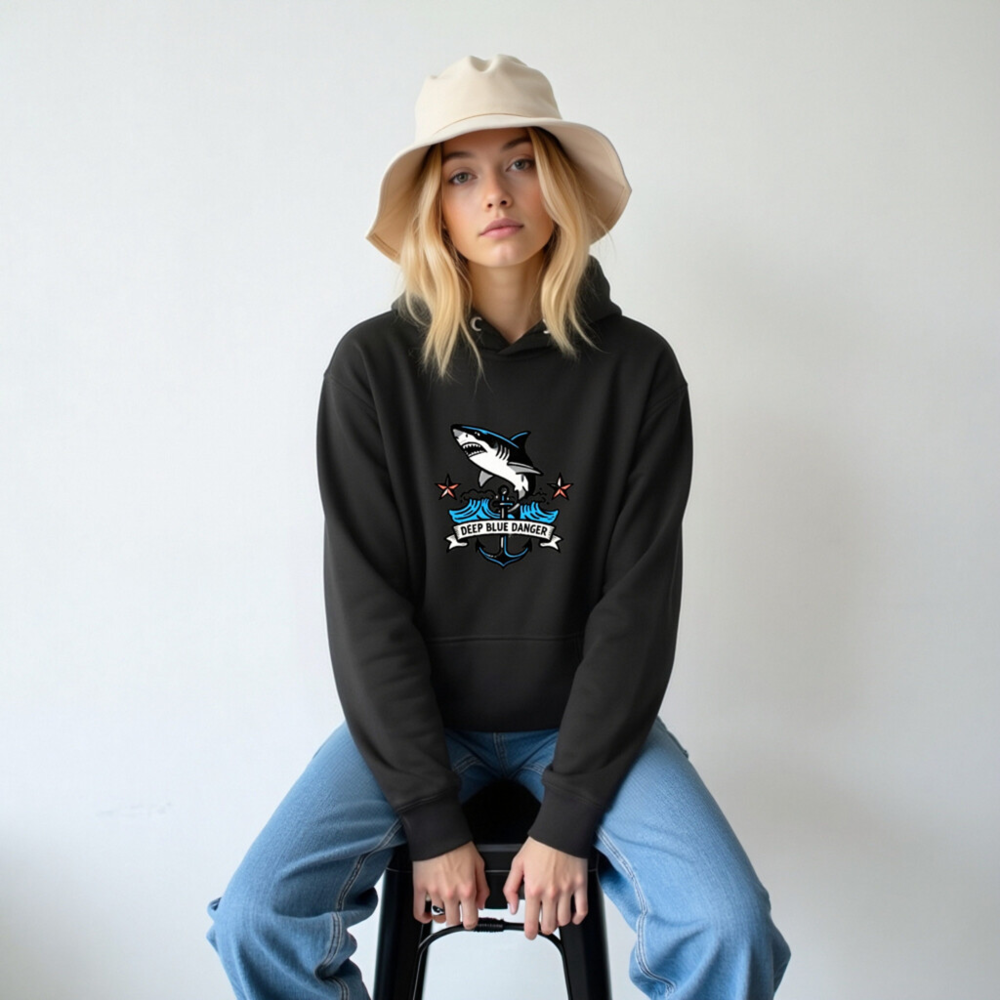 Unisex Premium Pullover Hoodie - Deep Blue Danger Shark Anchor Design - Image 5