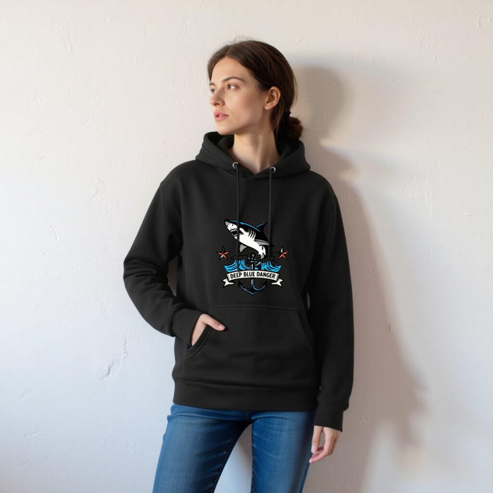 Unisex Premium Pullover Hoodie - Deep Blue Danger Shark Anchor Design - Image 6