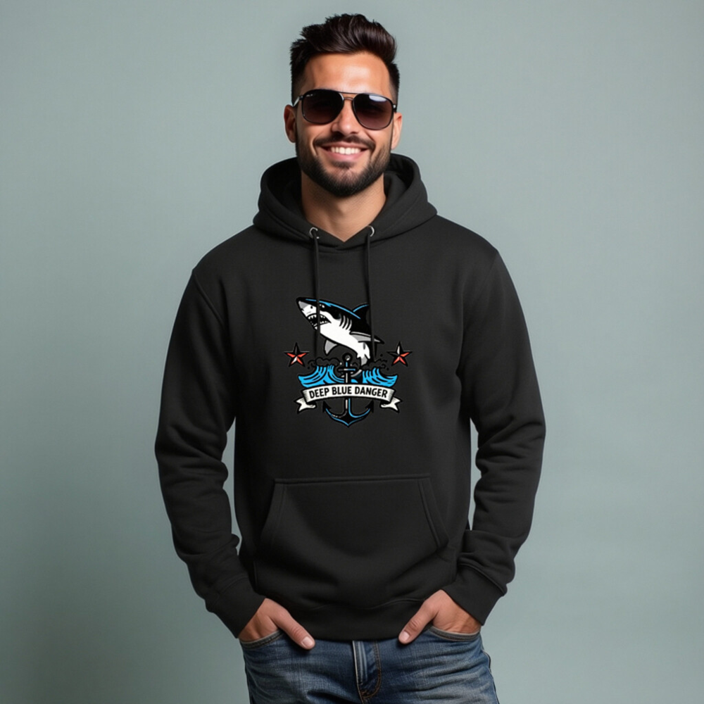 Unisex Premium Pullover Hoodie - Deep Blue Danger Shark Anchor Design - Image 7