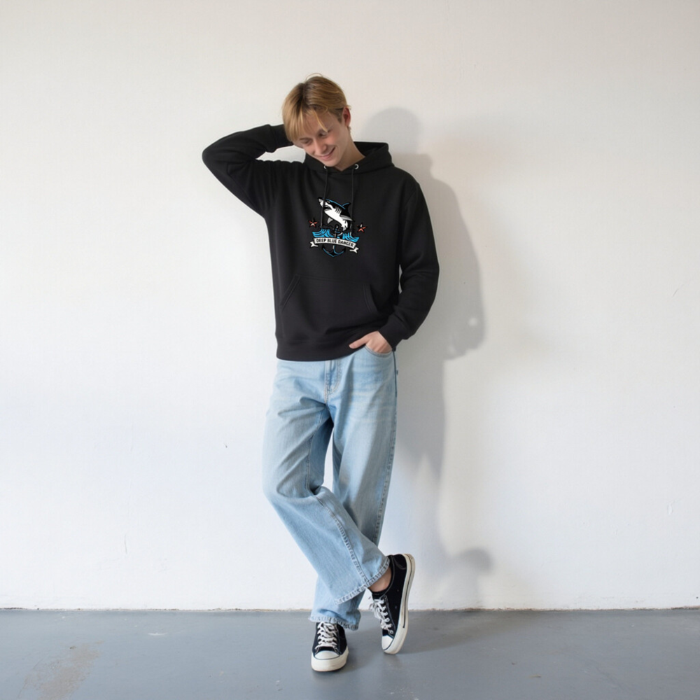 Unisex Premium Pullover Hoodie - Deep Blue Danger Shark Anchor Design - Image 8