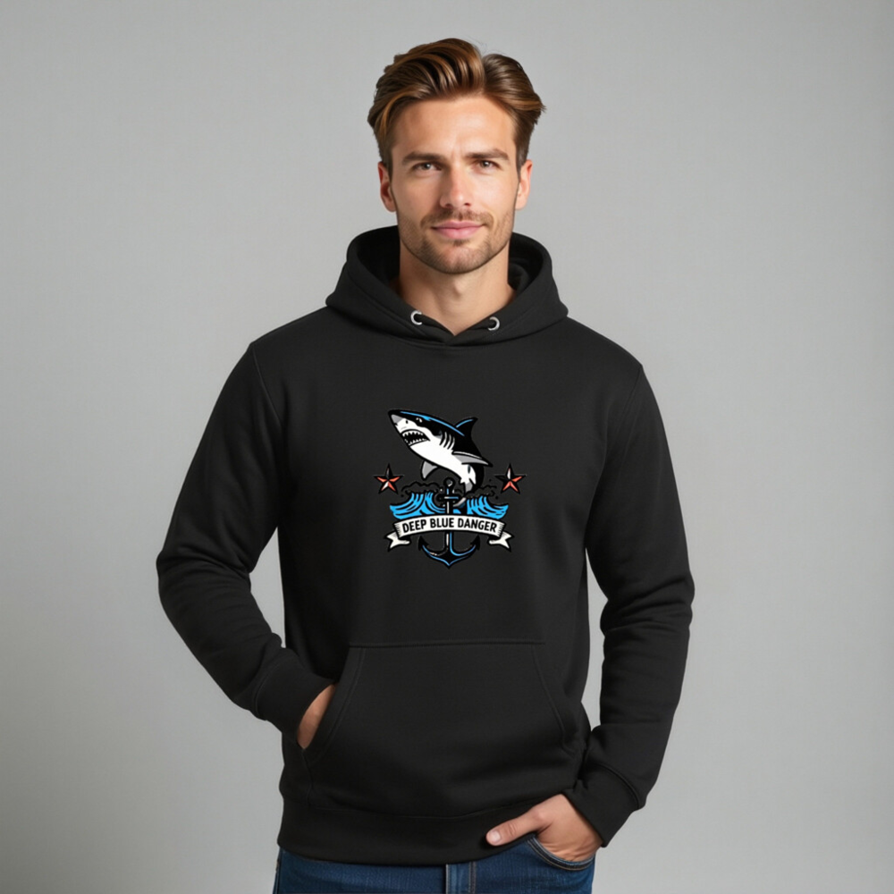 Unisex Premium Pullover Hoodie - Deep Blue Danger Shark Anchor Design - Image 11