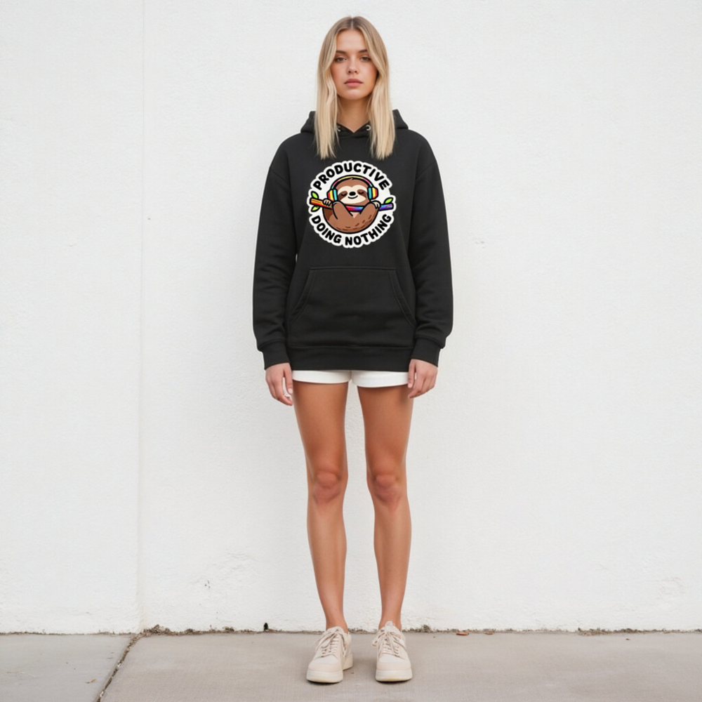 Unisex Premium Pullover Hoodie - Productive Doing Nothing Sloth with Rainbow Headphones - Image 4