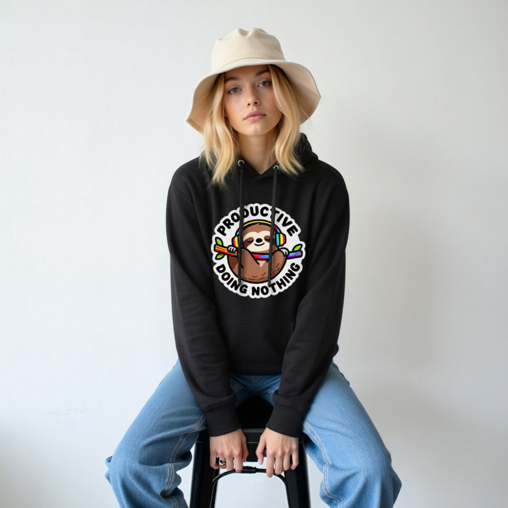 Unisex Premium Pullover Hoodie - Productive Doing Nothing Sloth with Rainbow Headphones - Image 5