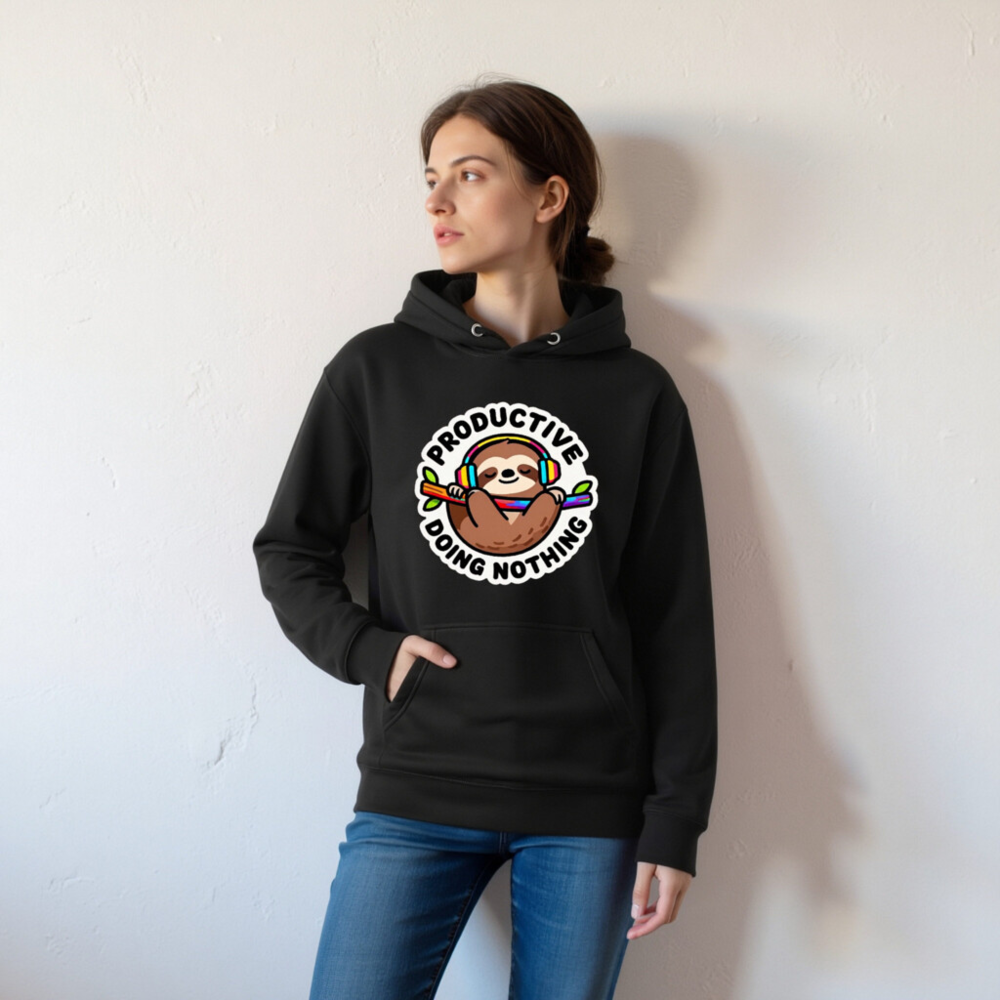 Unisex Premium Pullover Hoodie - Productive Doing Nothing Sloth with Rainbow Headphones - Image 6