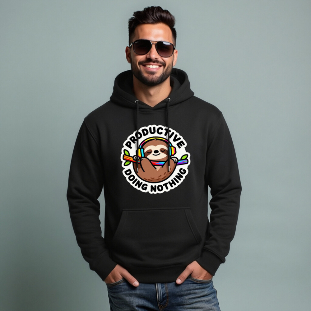 Unisex Premium Pullover Hoodie - Productive Doing Nothing Sloth with Rainbow Headphones - Image 7