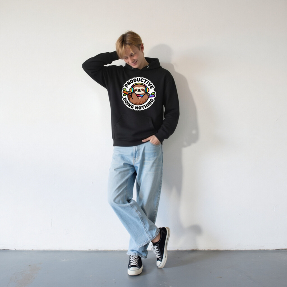 Unisex Premium Pullover Hoodie - Productive Doing Nothing Sloth with Rainbow Headphones - Image 8