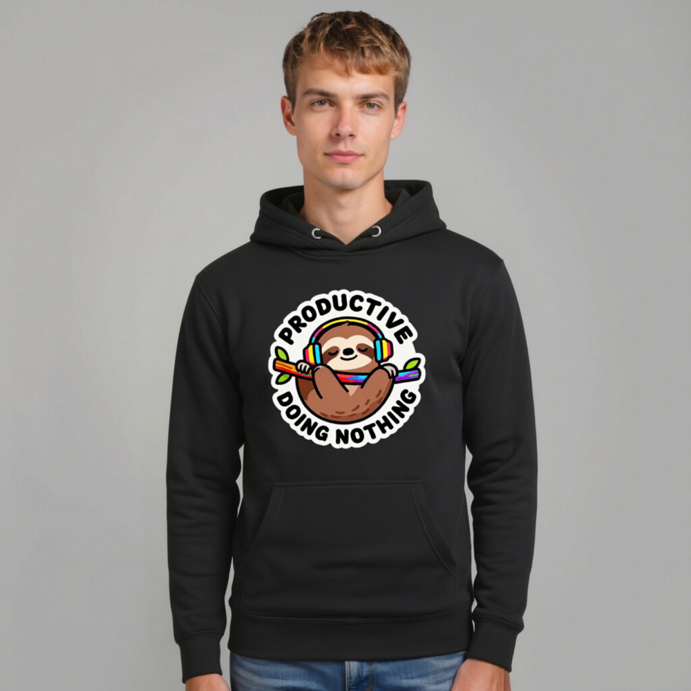 Unisex Premium Pullover Hoodie - Productive Doing Nothing Sloth with Rainbow Headphones - Image 10