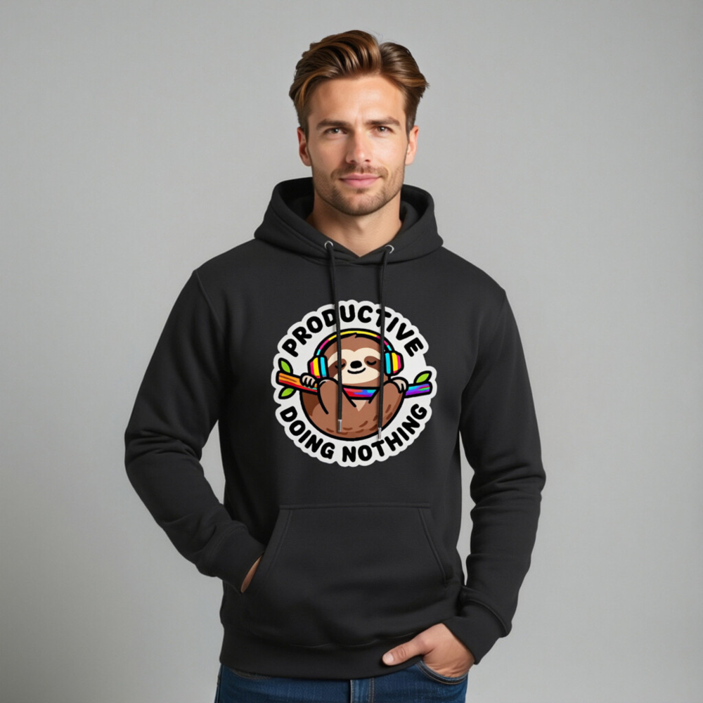 Unisex Premium Pullover Hoodie - Productive Doing Nothing Sloth with Rainbow Headphones - Image 11